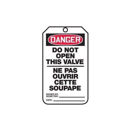 Accuform French Bilingual Safety Tags, DANGER DO NOT OPEN THIS VALVE, 5.75in x 3.25in, RP-Plastic, 5PK TCF137PTM